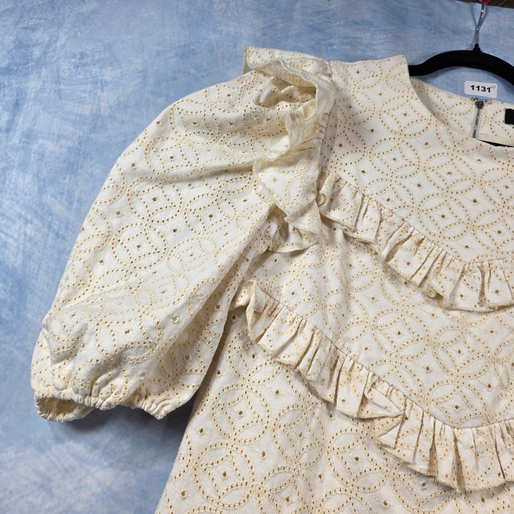 En Saison Eyelet Ruffle Puff Sleeve Mini Dress Cream Women Small Zip Back - Picture 6 of 8